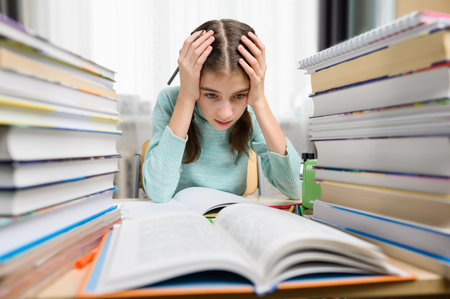 The girl is at home at a desk with high stacks of textbooks holding her head. The nevochka can't do her homework. Exam preparation concept.の写真素材