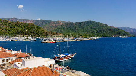 Mormaris sea view from the top of the city. The ship is in the foregroundの写真素材