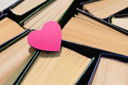 Lots of old books in the library. On the books lies a small pink heart. Concept for book loversの写真素材