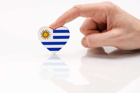 Flag of Uruguay. Love and respect Uruguay. A man's hand holds a heart in the shape of the Uruguay flag on a white glass surface. The concept of Uruguayan patriotism and pride.の写真素材