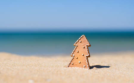 Cookies in the shape of a Christmas tree stand on the sand against the background of the sea. Concept of Christmas holidays at the sea.の写真素材
