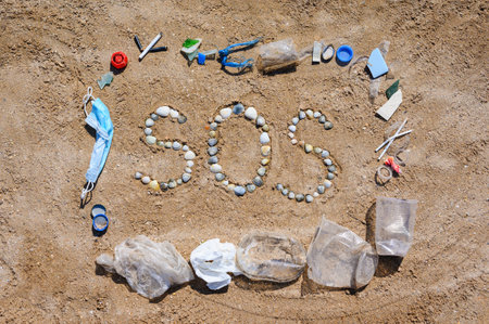 The inscription SOS made of small seashells on the sand in a rectangular garbage frame. Nature asks for help and protection from garbage pollution.の写真素材