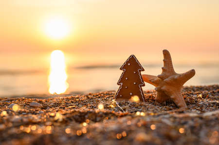New Year card. Cookies in the shape of a Christmas tree and a starfish with a garland on the...