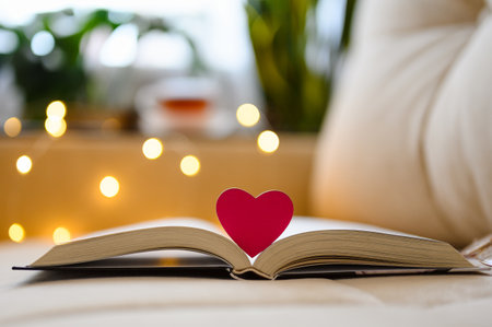 A small heart on an open book against the backdrop of a cozy home sofa and garland lights. Selective focus and narrow focusの写真素材