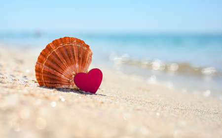 A small pink heart next to a large beautiful shell stand on the beach against the background of the sea. A concert of excellent relaxation in a heavenly place. Selective focus on the heart.の写真素材