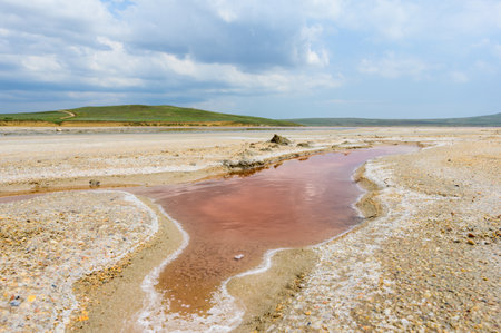 Landscape on a dry pink lake. In the foreground is a small depression with rose water and salt crystals. Selective focus in the foregroundの写真素材