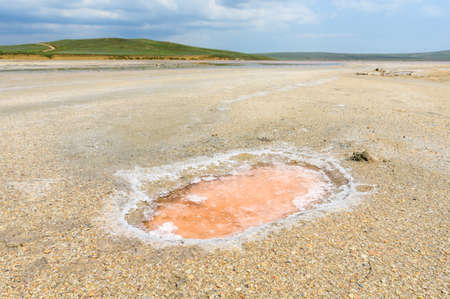 Small puddle with pink salt water and salt crystals. Salt lake in the Republic of Crimea. Focus on the foregroundの写真素材
