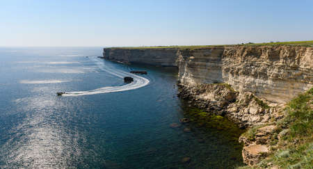 Panorama of the sea and rocky coast. Cape Tarkhankut in Crimea.の写真素材