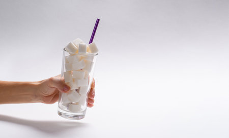 A full glass of sugar cubes in a female hand on a light background. On the right is an empty free space.の写真素材