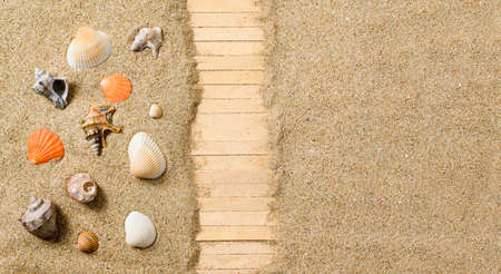 Summer theme. Miniature beach with seashells and wooden path. On the right is an empty free space in the sand. Selective focus on seashells and sand.の写真素材
