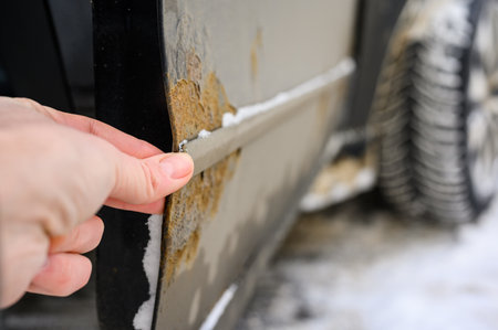 A man shows rust on a car door from winter reagents. Close-up, selective focus on rust and hand.の写真素材