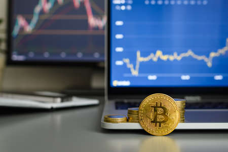 Bitcoin income growth concept. Bitcoin coin against the background of growing income graphs on monitors. Selective focus on bitcoin.の写真素材