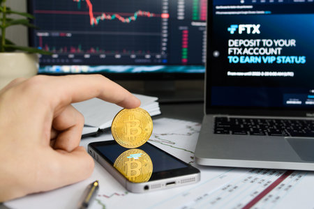 Vladimir, Russia - January 2022: Bitcoin coin on the background of computers with the FTX cryptocurrency exchange website. Selective focus on the coin.のeditorial素材
