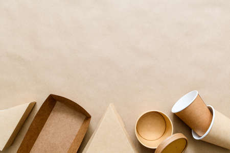 Lots of different eco friendly disposable from the bottom of the frame (pizza container, paper...