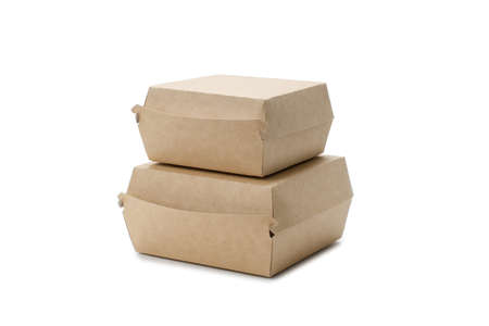 Cardboard boxes for delivery of hamburgers. Two different sizes. isolated object on a white background.の写真素材