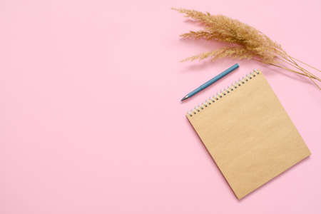 Notepad with craft brown sheets and a bouquet of dry grass on a pink background. Flat lay, copy space.の写真素材