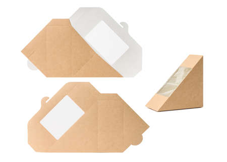 Triangular paper container for a sandwich and a folded blank on a white isolated background. Instructions, templateの写真素材