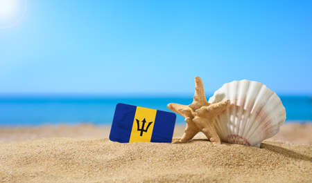 Tropical beach with seashells and Barbados flag. The concept of a paradise vacation on the beaches of Barbados.の写真素材