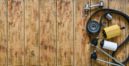 Car spare parts on a wooden background. car repair concept. Free empty space.の写真素材