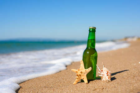 A glass bottle of beer and shells stand on a sandy seashore. The concept of a good vacation in the tropicsの写真素材