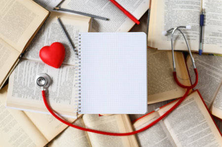 Doctors medical training concept. A blank sheet of notebook against the background of books on medicine and a phonendoscope. copyspace.の写真素材