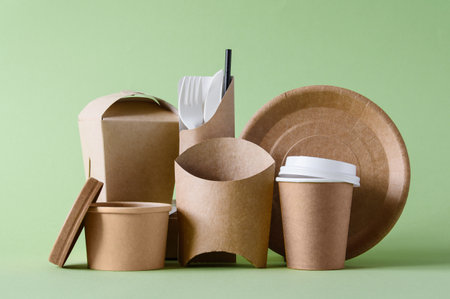 A set of paper packaging and utensils for fast food on a green background. The concept of rejection of plastic and zero waste.の写真素材
