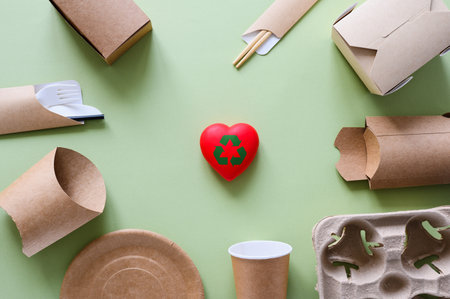 Recycling sign on a red heart next to eco-friendly paper tableware. The concept of using...