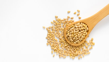 Wooden spoon with pine nuts and a handful of nuts on a white background. Top view, copy space.の写真素材