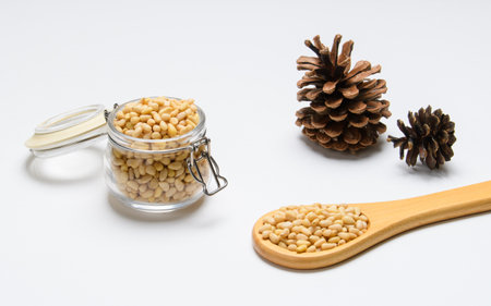 Pine nuts and cones on a light background. The concept of natural food.の写真素材