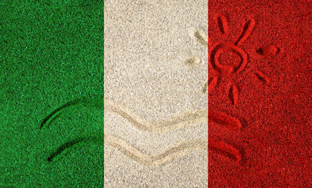 Flag of Italy on the sand. Sun and sea waves painted on the sand. Vacation concept in the resorts of the Italy and Sardinia.の写真素材