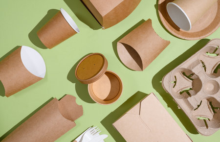 A lot of paper disposable tableware is stacked evenly on a green background. Use of eco-friendly tableware food delivery. flat lay.の写真素材