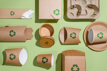 The concept of recycling and zero waste. Biodegradable paper tableware for food on a green background with a recycling sign. view from above.の写真素材