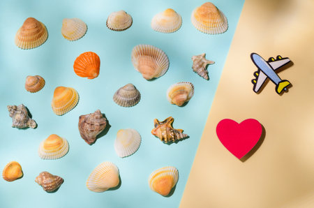 A miniature of the sea coast and a heart with an airplane. Sea travel concept. view from above.の写真素材