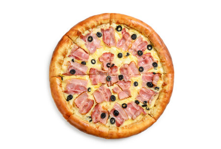 Pizza with bacon and olives on a white background. View from aboveの写真素材