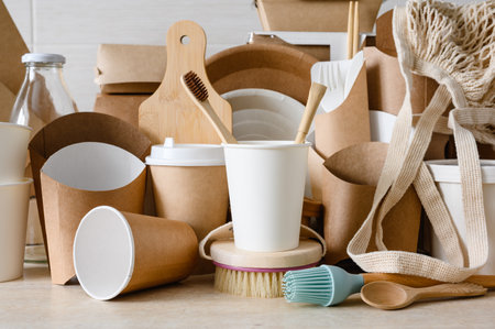 Concept of life with zero waste. Various eco-friendly items made from biodegradable natural materials. selective focus.の写真素材
