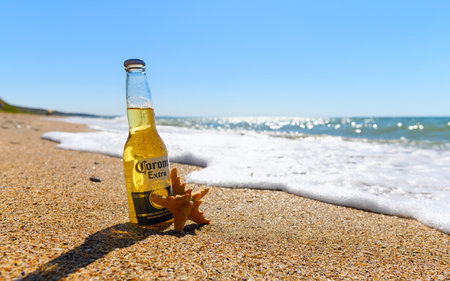 Anapa - Russia, August 2022: A bottle of Corona Extra beer and a starfish on the seashore. Tropical vacation conceptのeditorial素材