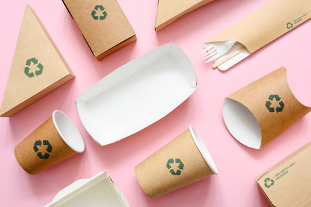 The concept of recycling and zero waste. Eco-friendly disposable tableware made of 100% biodegradable materials on a pink background with a recycling signの写真素材