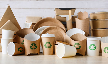 Containers and utensils for food made of biodegradable paper with a green recycling sign. The concept of recycling and zero wasteの写真素材