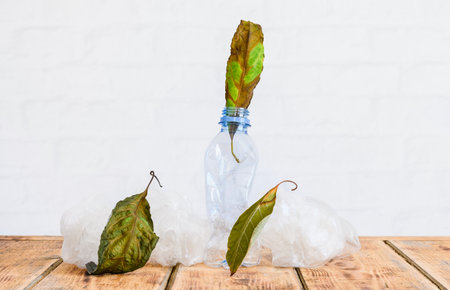 Diseased plant leaves and plastic debris. The concept of pollution of nature with plastic.の写真素材