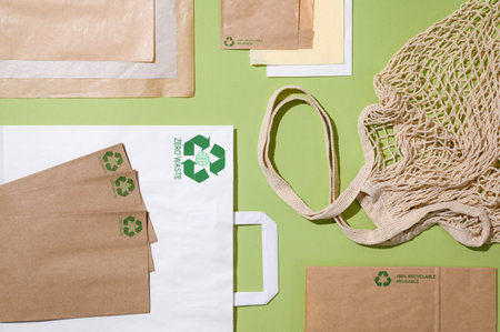 Eco-friendly packages and bags made of paper and textiles with a recycling sign on a green background. The concept of zero waste and no plastic.の写真素材