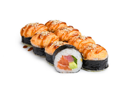 Portion of hot rolls with salmon and tuna on a white background. Japanese sushi.の写真素材