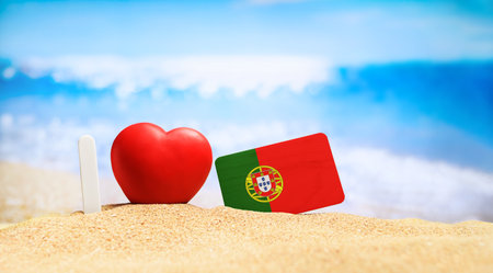 I love Portugal. Portuguese on the beach with a red heart. vacation and travel concept.の写真素材