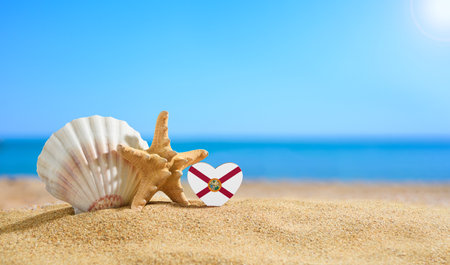 Florida state flag in the shape of a heart and shells on a sandy beach.の写真素材