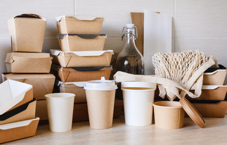 A set of eco-friendly lunch boxes and food containers made from biodegradable materials.の写真素材