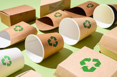 The concept of recycling and the use of biodegradable materials. Recycling sign on paper disposable tableware. Selective focus on the cup.の写真素材