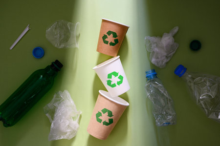 Alternative eco-friendly materials to replace plastic. Recycling symbol on eco-friendly paper cups. The concept of ecology and recycling of garbageの写真素材