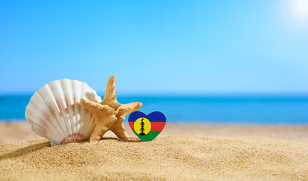 Flag of New Caledonia in the shape of a heart and shells on a sandy beach.の写真素材