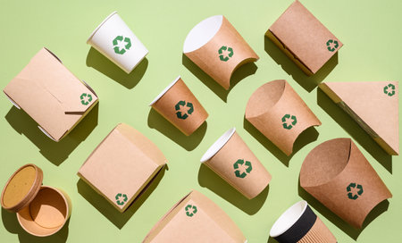 Production of packaging from alternative environmentally friendly materials. The concept of recycling and protecting the environment from garbage. Recycling sign on disposable tableware.の写真素材