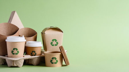Recycling concept. A set of disposable paper tableware with a recycling sign on a green background. copy spaceの写真素材