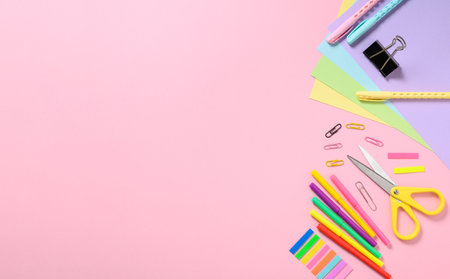 Back to school concept. Different stationery items for school on a pink background. View from above, copy spaceの写真素材
